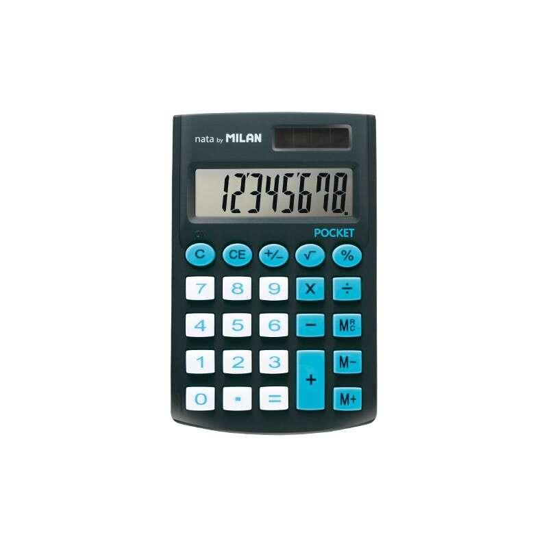 Calculadora de bolso Milan com visor de 8 dígitos,3 teclas de memória e raiz quadrada,teclas sensíveis ao toque e cor preta.