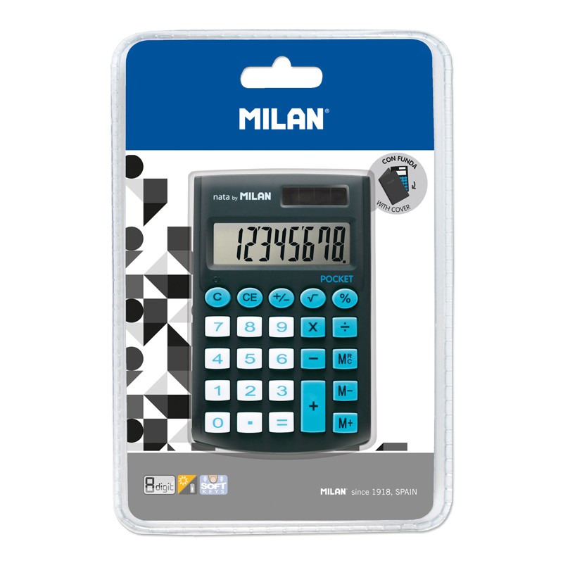 Calculadora de bolso Milan com visor de 8 dígitos,3 teclas de memória e raiz quadrada,teclas sensíveis ao toque e cor preta.