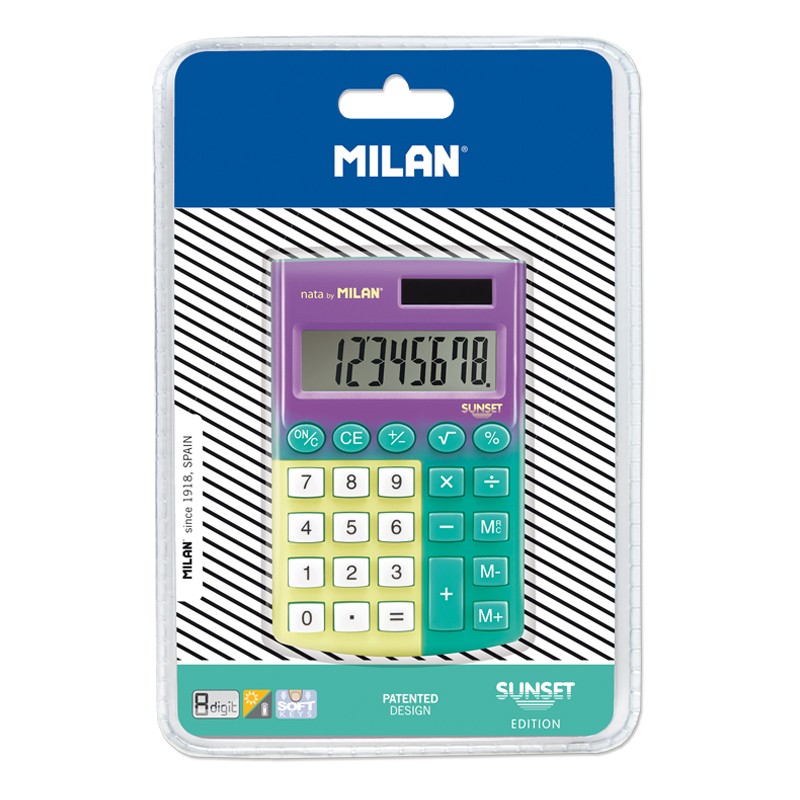 Calculadora de bolso Milan Pocket Sunset com visor de 8 dígitos,3 teclas de memória e raiz quadrada,teclas sensíveis ao toque.