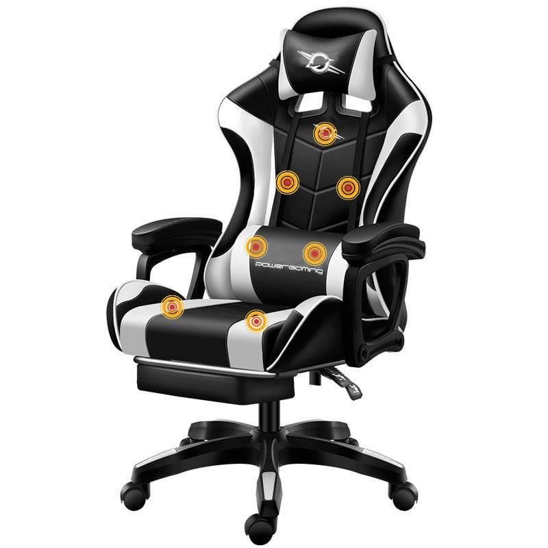 Cadeira Gaming PowerGaming Massagem 7 PONTOS Branco / Preto APOIO PARA OS PÉS
