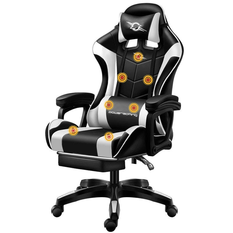 CADEIRA GAMING POWERGAMING MASSAGEM 7 PONTOS BRANCO / PRETO APOIO PARA OS PÉS