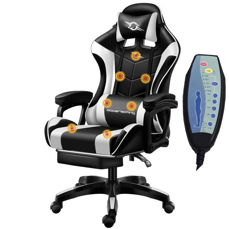 Cadeira Gaming PowerGaming Massagem 7 PONTOS Branco / Preto APOIO PARA OS PÉS