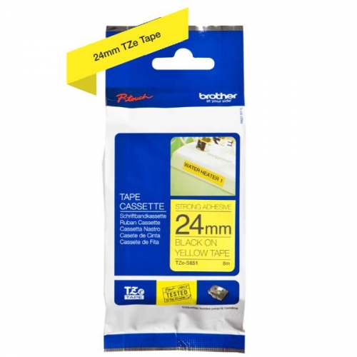 Fita BROTHER Laminada Super Adesiva c | texto Preto e fundo Amarelo 24mm x 8m