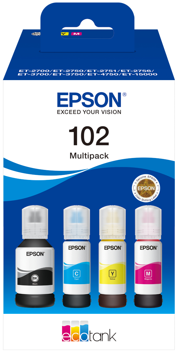 Recarga de Tinta EPSON Serie 102 Multipack 4 cores - EcoTank 2700/ 2750/ 2751/ 2756/ 3700/ 3750/ 4750