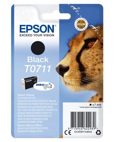 Tinteiro EPSON T0711 Preto - B40 | 110,BX3xx | 600,D120,DX74xx | 84xx | 9400,SX2xx | 4xx5 | 5xx | 6xx
