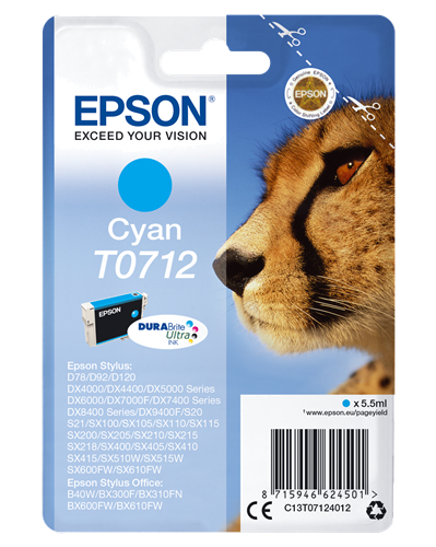 Tinteiro EPSON T0712 Ciano - B40 | 110,BX3xx | 600,D120,DX74xx | 84xx | 9400,SX2xx | 4xx5 | 5xx | 6xx