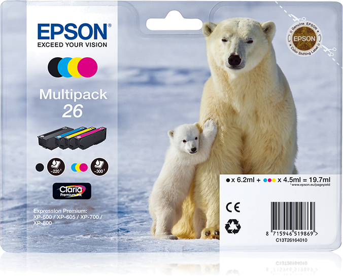 EPSON TINTEIRO PACK 4 CORES 26 CLARIA PREMIUM XP-800 | 700 | 600 | 605 | 820 | 720 | 62