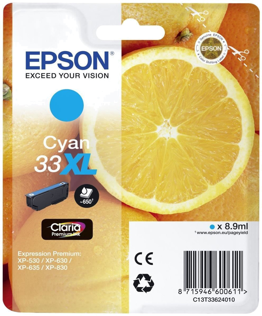 Tinteiro EPSON 33 Ciano XL - Expression Home XP-530 | 630 | 635 | 830 | 900 | 7100