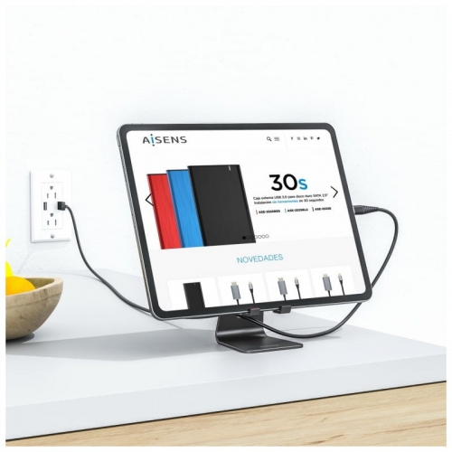 Suporte de secretária ajustável Aisens tamanho M (1 pivot) para telemóvel/tablet - Preto