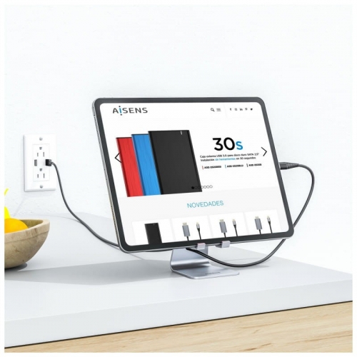 Suporte de secretária ajustável Aisens tamanho M (1 pivot) para telemóvel/tablet - Prata