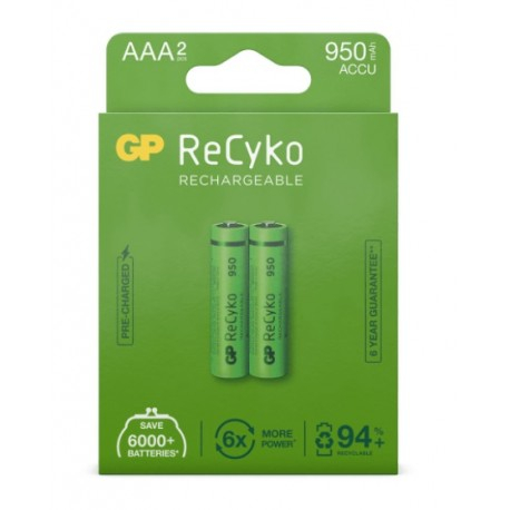GP ReCyko Pack de 2 Pilas Recargables 950mAh AAA 1.2V - Precargadas - Ciclo de Vida:Hasta 1.000 Veces