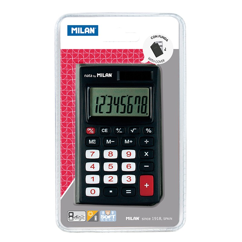 Milan Calculadora de Bolsos 8 Digitos - 3 Teclas de Memoria e Raiz Quadrada - Desliga Automaticamente - Inclui Capa - Preto