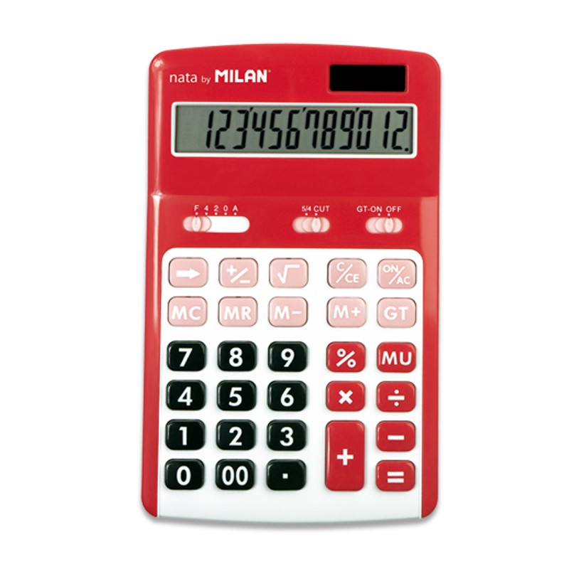 Calculadora Milan de 12 dígitos - 3 teclas de memória - Cálculo de margens - Raiz quadrada - Desligar automático - Vermelha e branca