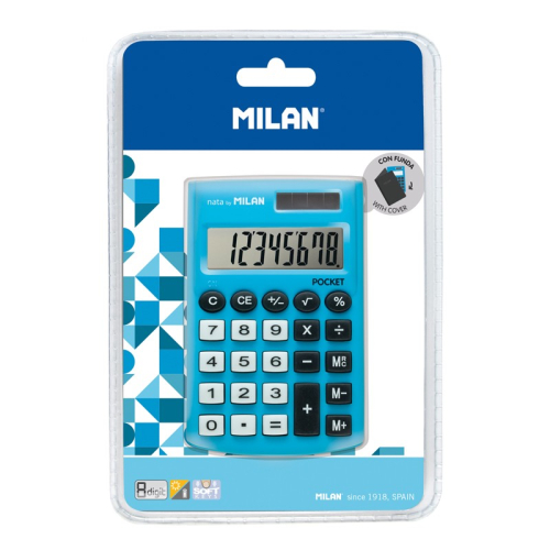 Milan Digitos Pocket Calculadora 8 - Calculadora de Bolsos - Tacto Suave - 3 Teclas de Memoria e Raiz Quadrada - Azul