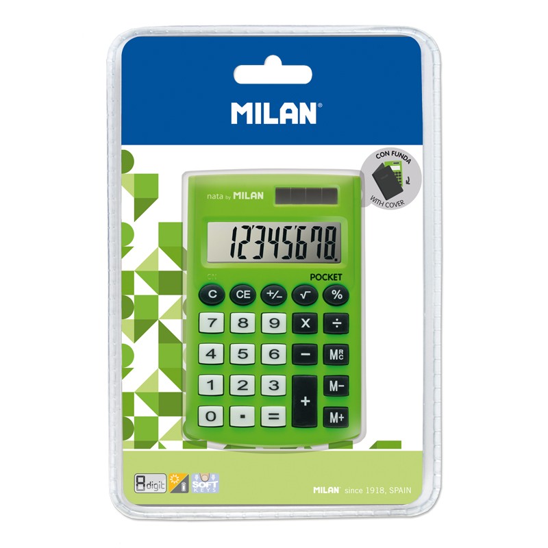 Milan Pocket Digitos Calculadora 8 - Calculadora de Bolsos - Tacto Suave - 3 Teclas de Memoria e Raiz Quadrada - Verde