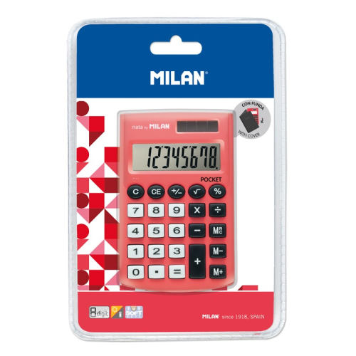 Milan Pocket Calculadora 8 Digitos - Calculadora de Bolsos - Tacto Suave - 3 Teclas de Memoria e Raiz Quadrada - Rojo