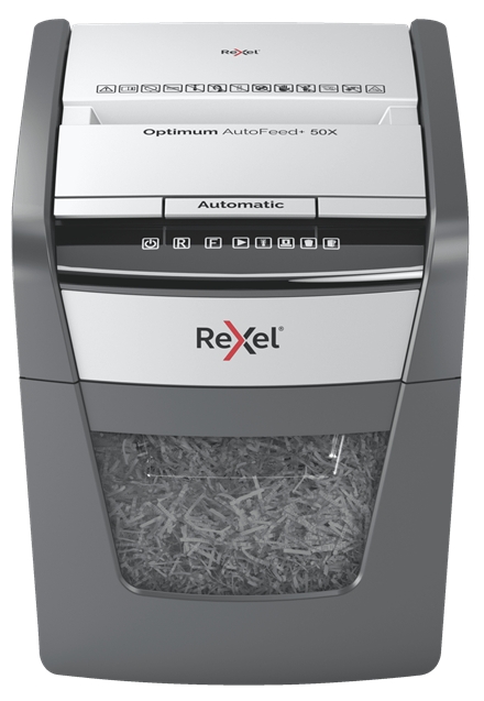 Destruidora de Papel Automática Rexel Optimum AutoFeed 50X com Corte de Partículas P-4 - Alimentação Automática para 50 Folhas e Entrada Manual para 6