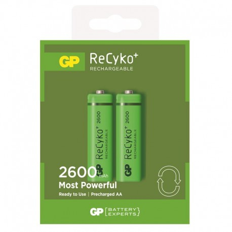 GP ReCyko Pack de 2 Pilas Recargables 2600mAh AA 1.2V - Precargadas - Ciclo de Vida:Hasta 1.000 Veces