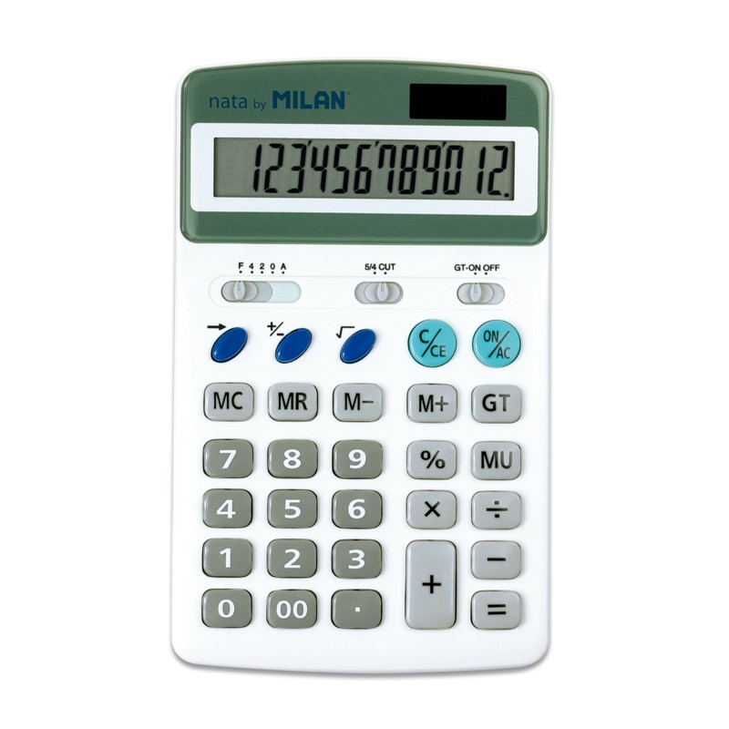 Milan Calculadora 12 Digitos - 3 Teclas de Memoria - Raiz Quadrada y Calculo de Margenes - Desliga Automaticamente - Branco