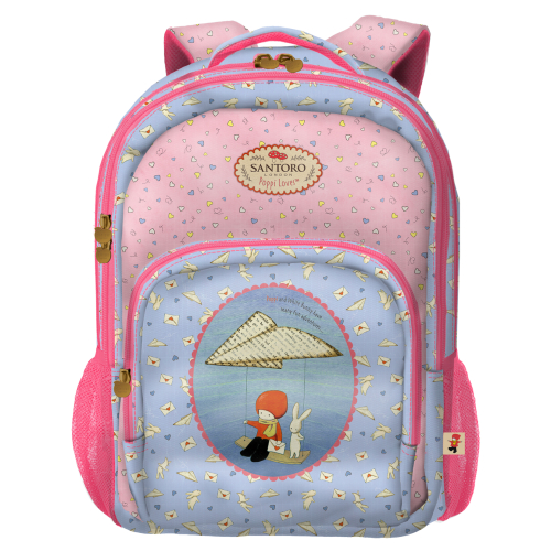 Dohe Santoro Poppi Loves Messenger Mochila Escolar Grande - 3 Compartimentos - Bolsos Laterales - Alças Acolchoadas e Ajustáveis - Asa Superior