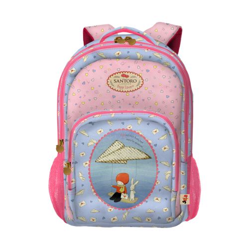 Dohe Santoro Poppi Loves Messenger Mochila Escolar Pequeña - 3 Compartimentos - Bolsos Laterales - Alças Acolchoadas e Ajustáveis - Asa Superior