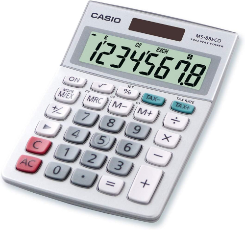 Casio MS88ECO Calculadora de Escritorio Financiera - Conversão de Moedas - Calculo de Impostos - Tela LCD de 8 Digitos - Solar e Pilhas
