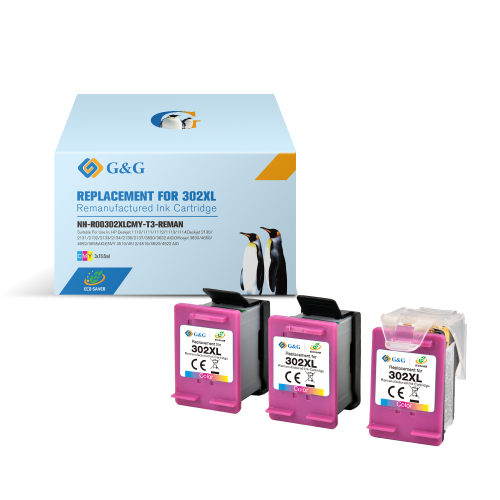 G&G HP 302XL Color Pack de 3 Cartuchos de Tinta Remanufacturados - Eco Saver - Muestra Nivel de Tinta - Substitui F6U67AE/F6U65AE