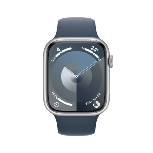 Apple Watch Series 9 GPS + Cellular 45mm Silver Aluminium Case with Storm Blue Sport Band - S/M