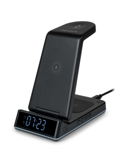Estação de carga Thomson CL750IS 4 em 1 - Despertador e luz de presença - Compatível com Android - Preto