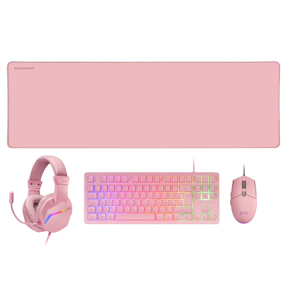 Combo MARS GAMING MCP-RGB3,4IN1 TKL RGB KEYBOARD,3200DPI MOUSE,FRGB HEADSET,XXL MOUSEPAD,PINK
