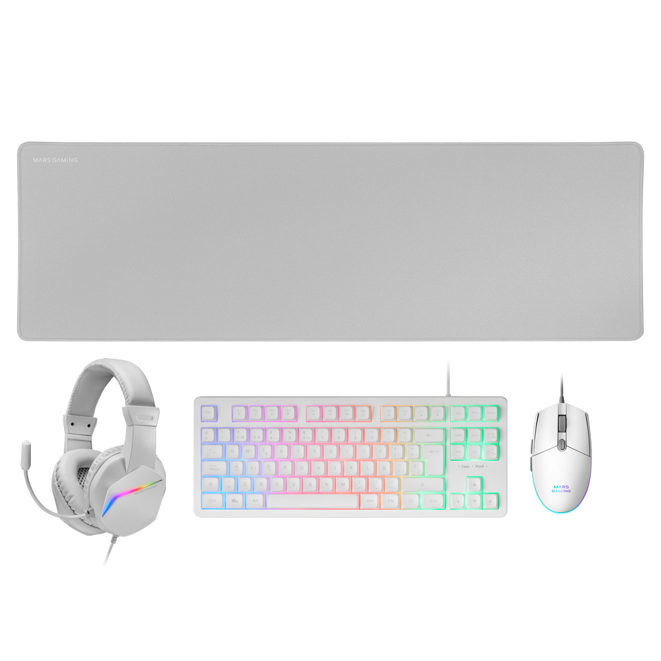 Combo MARS GAMING MCP-RGB3,4IN1 TKL RGB KEYBOARD,3200DPI MOUSE,FRGB HEADSET,XXL MOUSEPAD,WHITE