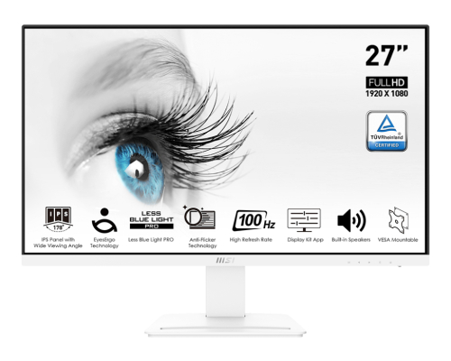MONITOR MSI PRO MP273AW 27"FHD 100Hz 1ms Frameless IPS,A.Glare,L.B.Light,HDMI,DP,VGA,C/Col2x2W White