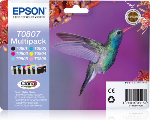 Tinteiro EPSON T0807 Multipack 6 Cores + RF - Stylus Photo P50,PX6/7/8xx,R2xx/R360/RX5/6xx