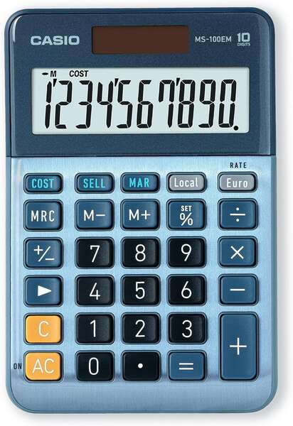 Calculadora de secretária compacta Casio MS-100EM - Visor LCD de 10 dígitos - Alimentação solar e por bateria - Azul