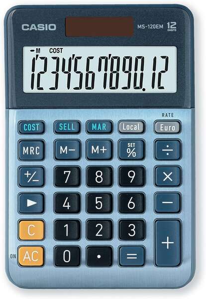 Calculadora de secretária compacta Casio MS-120EM - Visor LCD de 12 dígitos - Alimentação solar e por bateria - Azul