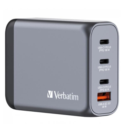 VERBATIM CARREGADOR GAN 100W 3x USB-C (100+100+65W) + 1xUSBA (30W)
