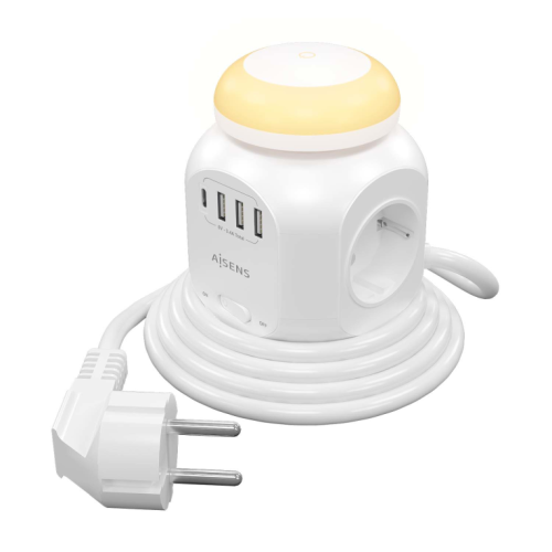 Régua de Tomadas Multifunções para Secretária com 4 Tomadas + 1XUSB-C,3XUSB-A,Luz Noturna,1.8M,Branco
