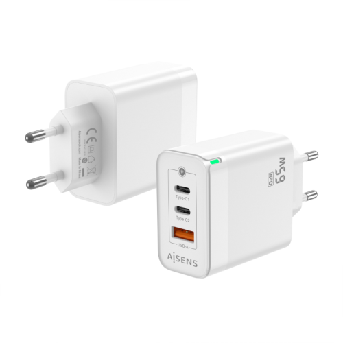 CARREGADOR GAN AISENS 65W 2XUSB-C PD3.0 QC4.0 1XUSB-A QC3.0 BLANCO