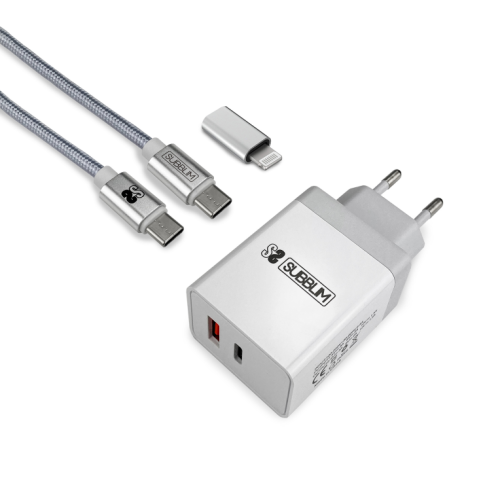 CARREGADOR SUBBLIM PD25W + QC3.0 + C TO C/LIGHTNING CABO W