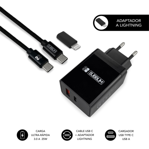 CARREGADOR SUBBLIM PD25W + QC3.0 + C TO C/LIGHTNING CABO B