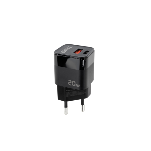 CARREGADOR PAREDE USB-C/PD + USB-A/QC 20W PRETO