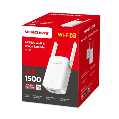 Mercusys ME60X Extensor de Rede WiFi - Até 1500Mbps - WiFi 6 - 1x RJ-45 Gigabit - Botão WPS - Branco