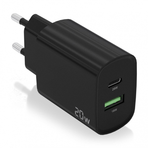CARREGADOR AISENS 20W 1XUSB-C PD3.0 1XUSB-A QC3.0 PRETO