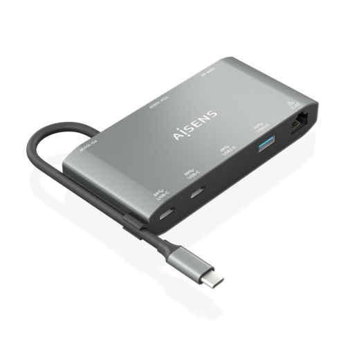 Dock USB-C Aisens 8 em 1 - USB-C A,1x HDMI,1x VGA,1x RJ45,2x USB-A,2x USB-C 5G,1x USB-C Pd - 20cm - Cinza