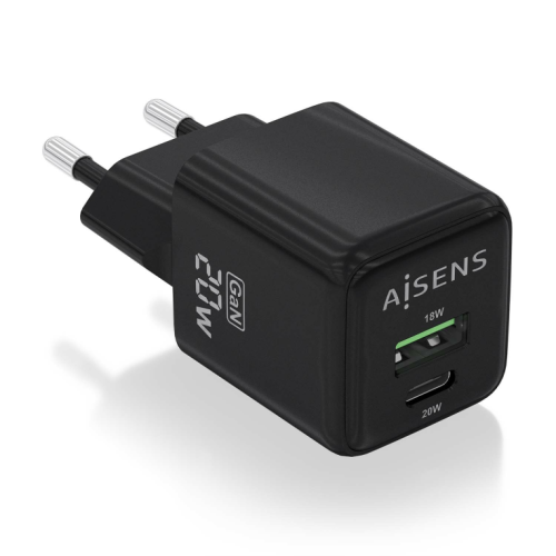 CARREGADOR AISENS GAN 20W 1XUSB-C PD3.0 QC4.0 1XUSB-A QC3.0 PRETO