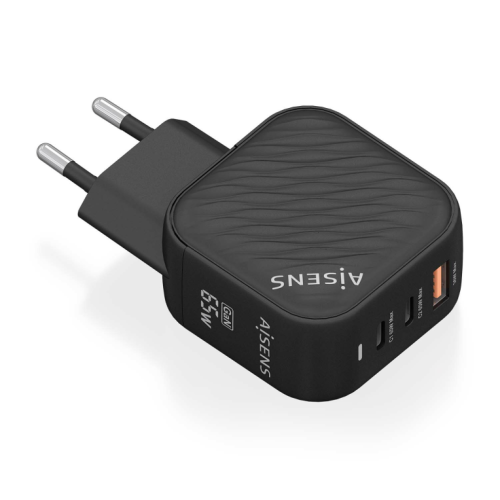 CARREGADOR AISENS GAN 65W 2XUSB-C PD3.0 QC4.0 1XUSB-A QC3.0 PRETO