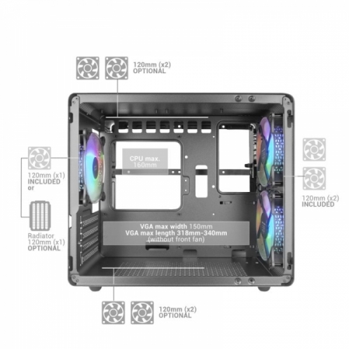 Caixa MARS GAMING MC400W PREMIUM MICRO-ATX CUBE ,3X FRGB FAN,GLASS,MESH,WATERC. ,WHITE