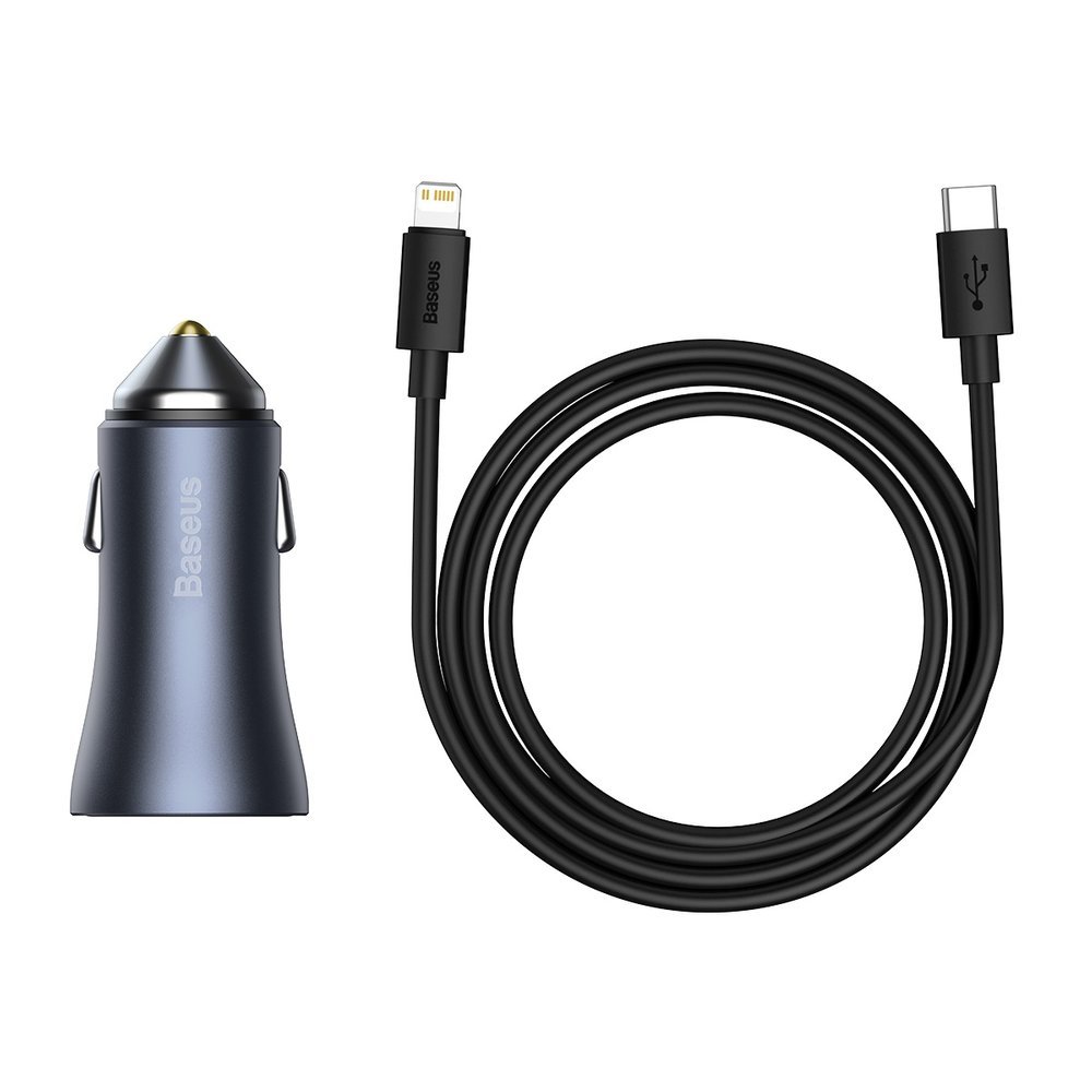 CARREGADOR CARRO BASEUS DUAL PD/QC USB-C/USB-A 40W COM CABO USB-C LIGHTNING GRAY