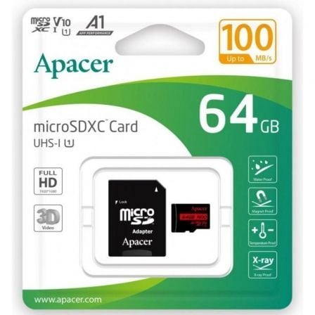 Cartão Apacer microSDXC 64GB UHS-I Classe 10 100 MB/s com Adaptador SD
