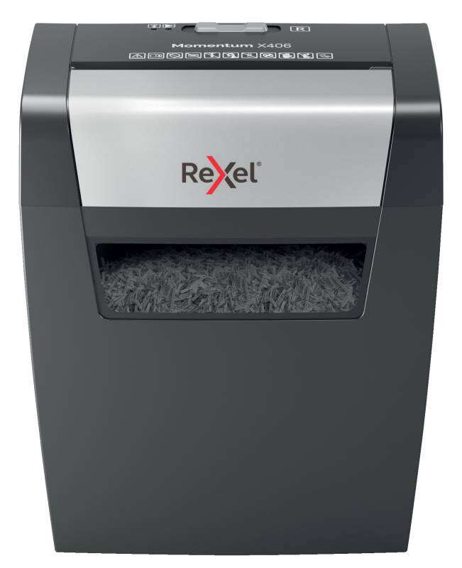 Triturador de Papel Rexel Momentum X406 Confetti Cut P-4 - Tritura até 7 folhas de cada vez - Capacidade do recipiente de 15 litros - Cinza/Prata